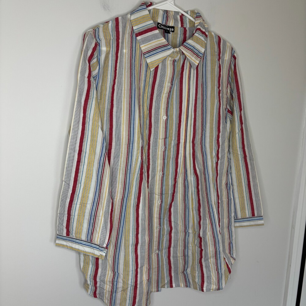 CITICRAZE NEW Striped 3/4 Sleeve Blouse Womens S Red Blue Yellow Pleats Flowy
